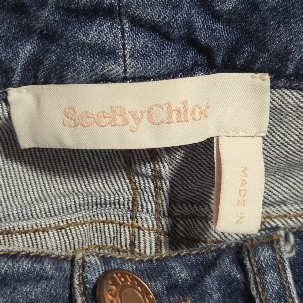 See By Chloe Womens Mid Rise Boho Embroidered Fray Hem Flare Leg Denim Jeans 28